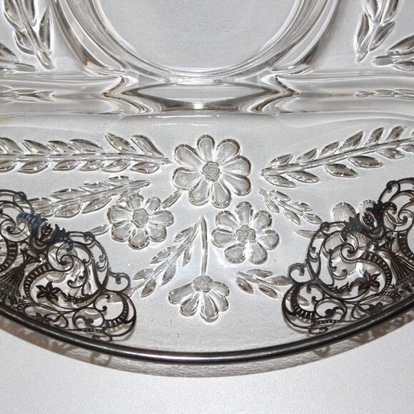 Vintage Glass Divided Serving Dish | Silver Overlay Divided Round Platter - Picture 5 of 6
